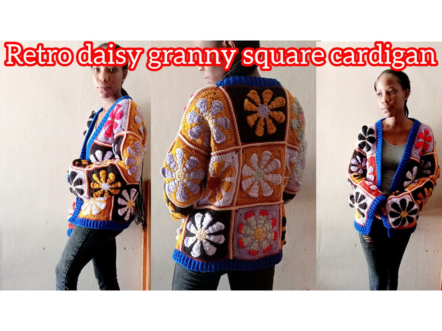 Gehäkelte Oversize-Strickjacke im Retro-Gänseblümchen-Stil im Granny Square-Stil