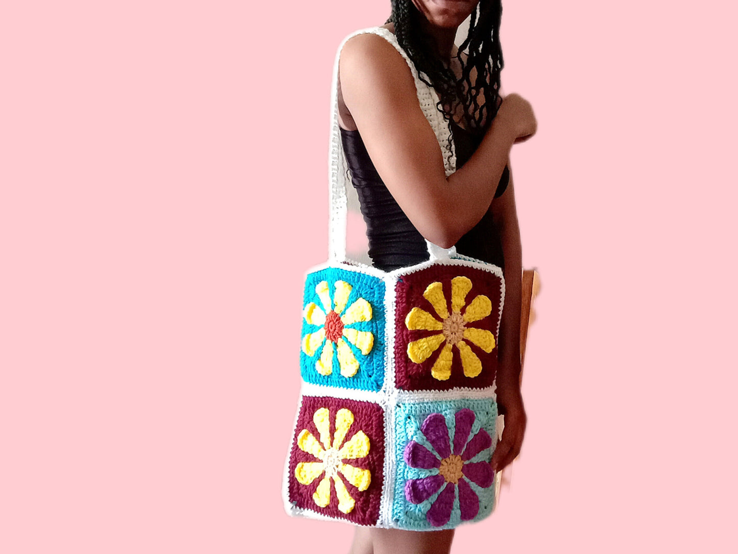 Retro daisy granny square crochet tote bag pattern, Square bag, Daisy shoulder bag, Floral bag, PDF crochet bag pattern