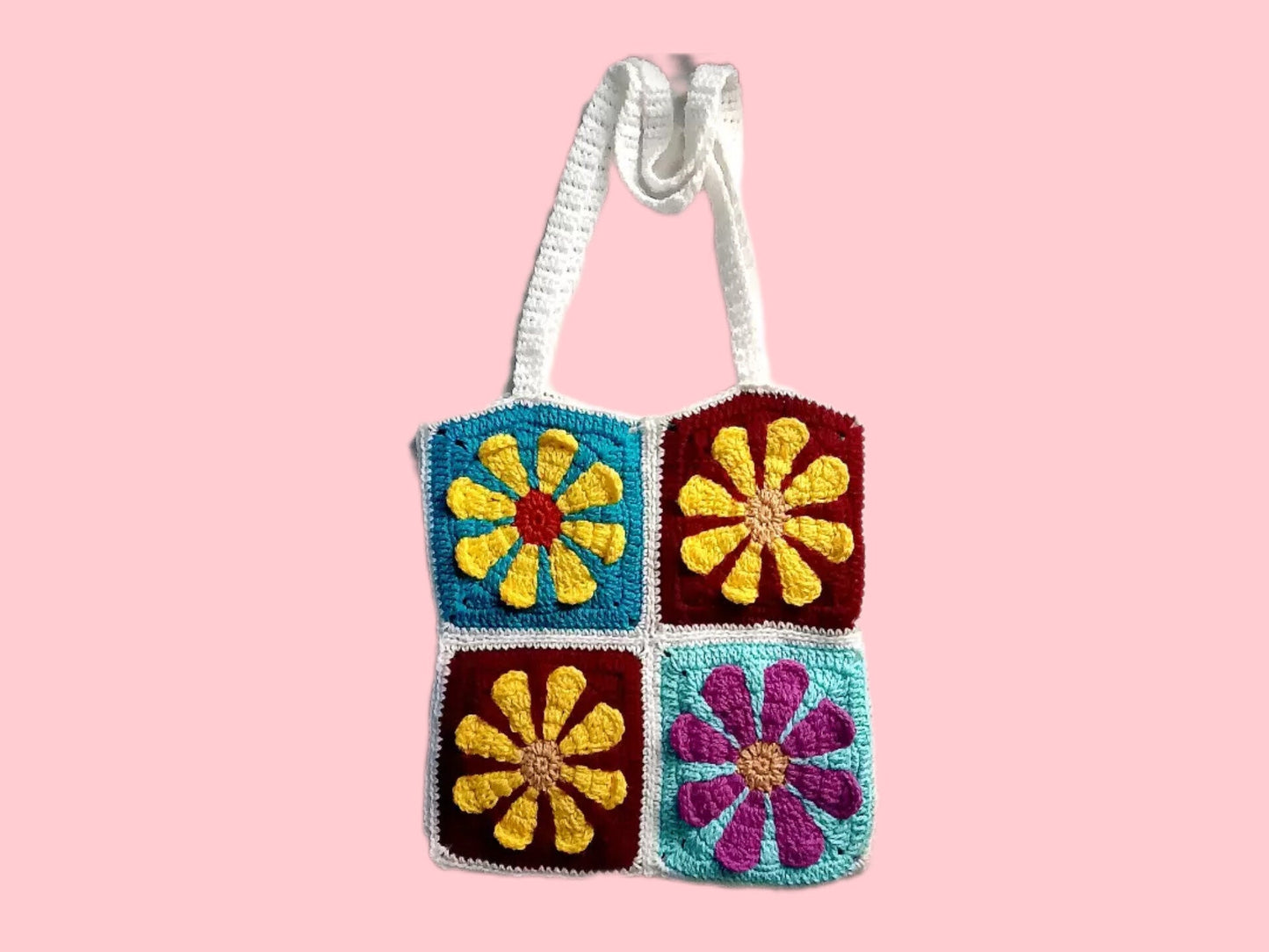 Retro daisy granny square crochet tote bag pattern, Square bag, Daisy shoulder bag, Floral bag, PDF crochet bag pattern