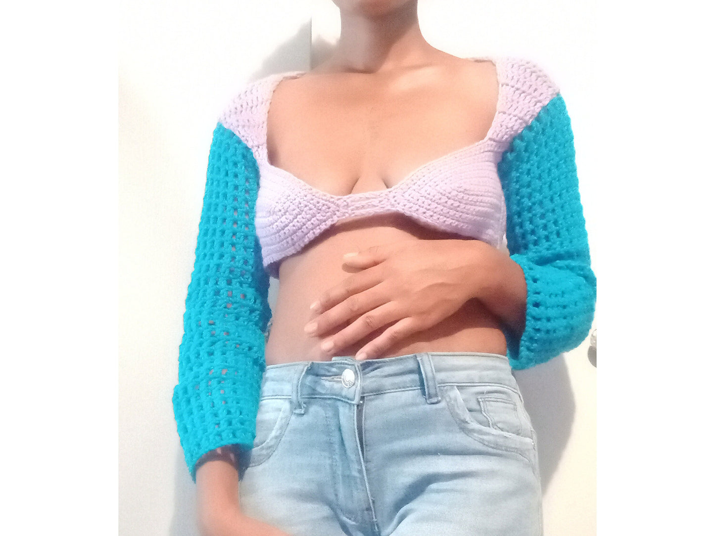 Crochet long sleeve bralette mesh top, Crochet y2k top, Crochet fishnet bra top