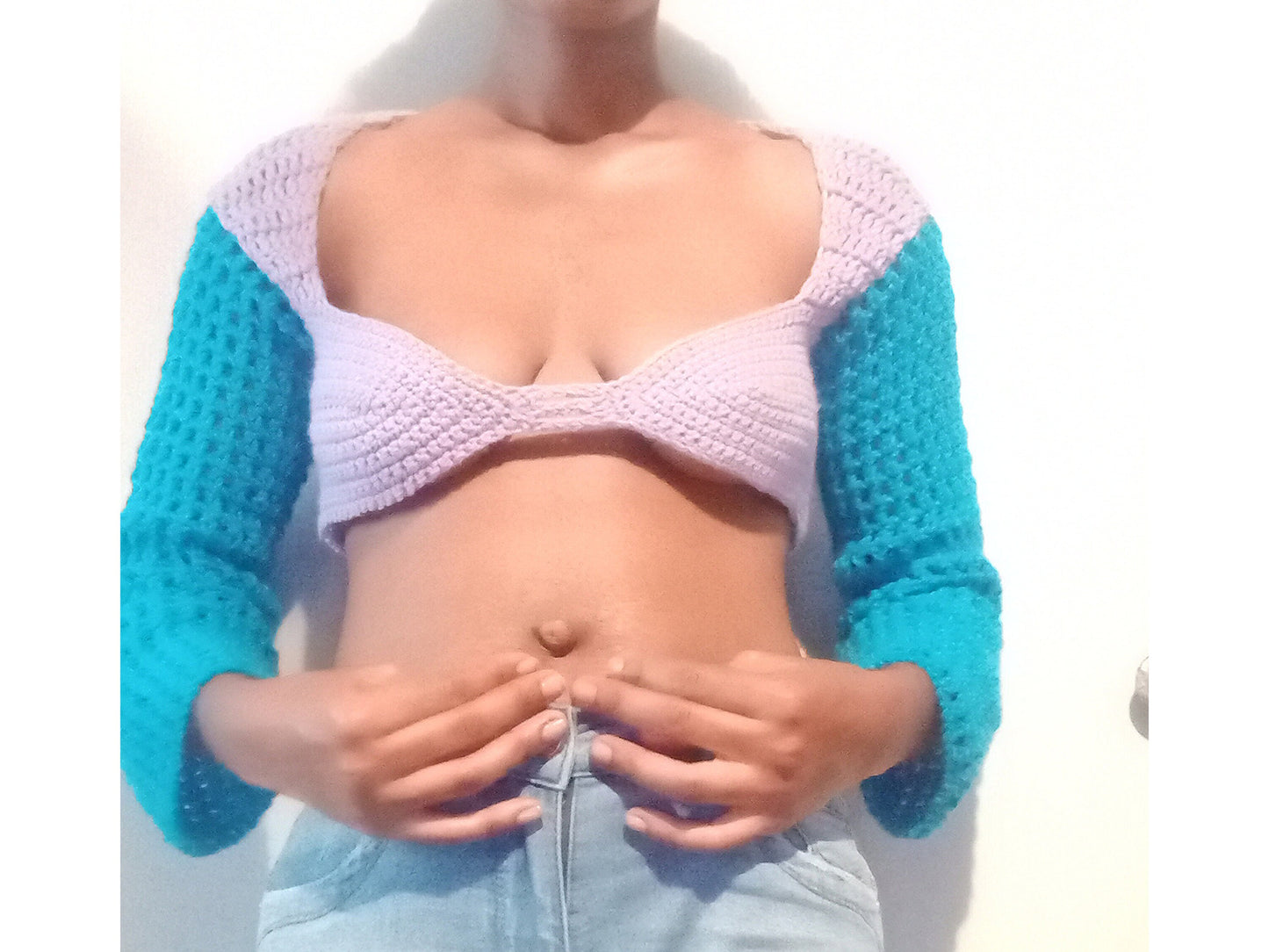 Crochet long sleeve bralette mesh top, Crochet y2k top, Crochet fishnet bra top