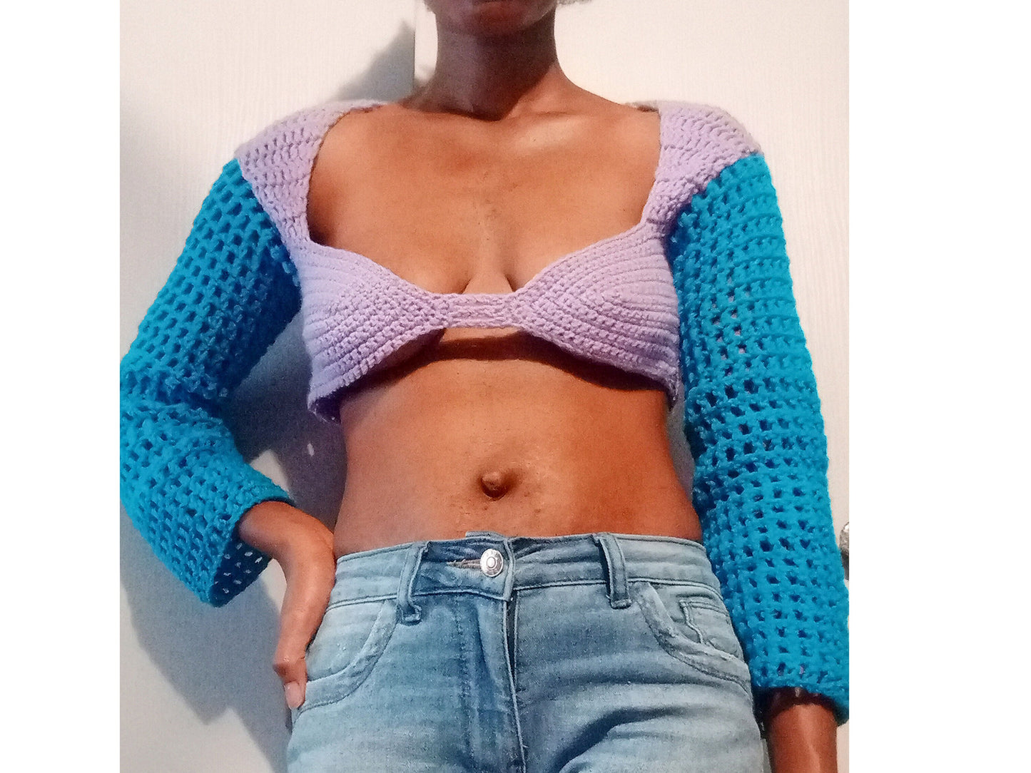 Crochet long sleeve bralette mesh top, Crochet y2k top, Crochet fishnet bra top