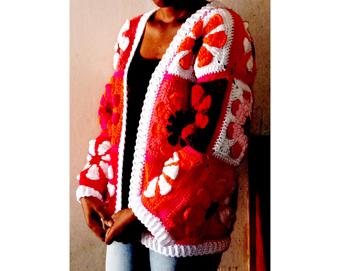 Crochet retro daisy granny square cardigan pattern, Crochet women cardigan, Gift for her