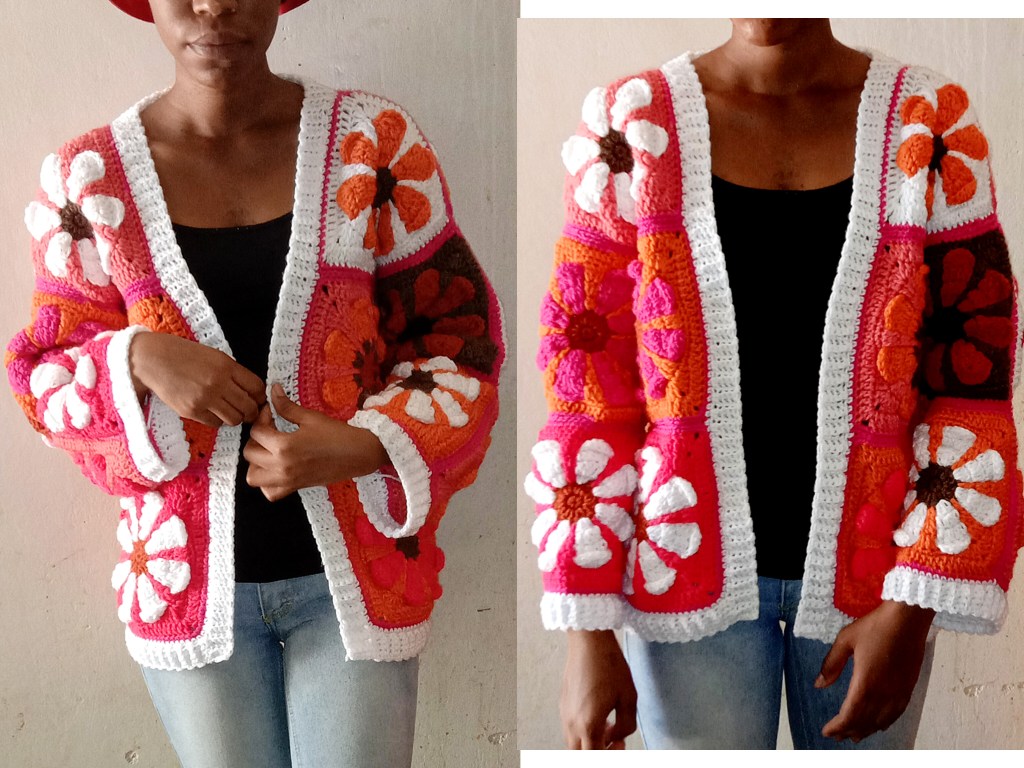 Handmade retro daisy granny square cardigan in vibrant colors, crocheted in a classic 70s-inspired style.
Made with ribbed white edges